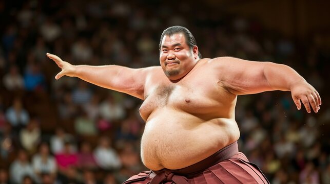 Agile japanese sumo wrestler in traditional fighting stance, ready for action in traditional attire