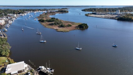 Sail Boats in harbor in Georgetown, South Carolina Low Country living and vacation destination with historic homes