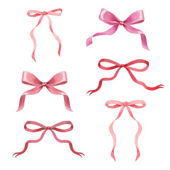 Hand drawn watercolor pink bows and ribbons. Valentines design for romantic invitations design, coquette core, girls decor
