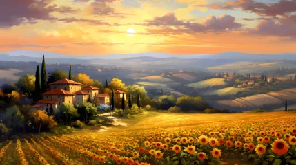 Poster Panoramic view of Tuscany with sunflowers at sunset © Michelle