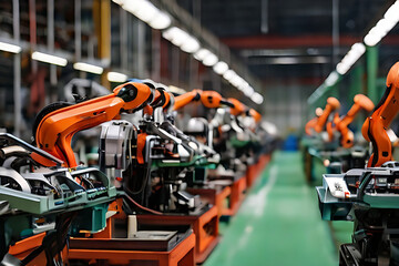 The robotic arm of the car production plant is working - obrazy, fototapety, plakaty