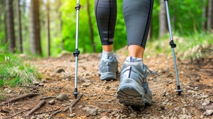 Hiker s legs in forest with shoes and walking sticks, outdoor adventure and health concept