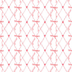Hand drawn watercolor pink bows and hearts. Seamless pattern. Valentines design for romantic...