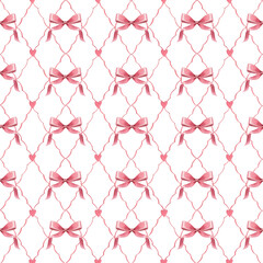 Hand drawn watercolor pink bows and hearts. Seamless pattern. Valentines design for romantic invitations design, coquette core, girls decor