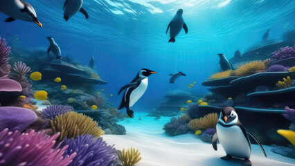 Cute cartoon penguins swimming in the deep blue ocean. Generative AI