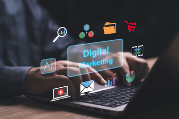 Digital marketing commerce online and AI technology engines for business concept, Businessman use the laptop plan digital marketing, digital channels search engines, social media, email, smartphone - obrazy, fototapety, plakaty