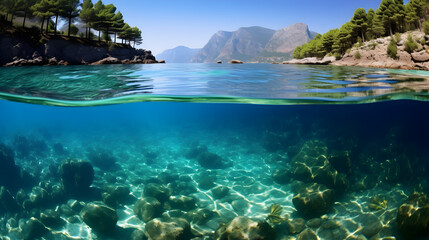 A clear water with mountains in the background,,
Sunbeds and umbrellas on iztuzu beach turtle beach dalyan river mediterranean sea 