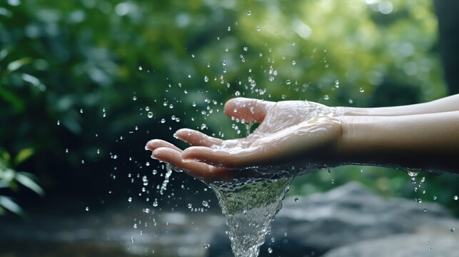 Water pouring in woman hand on nature background, environment concept. A clear natural spring.
