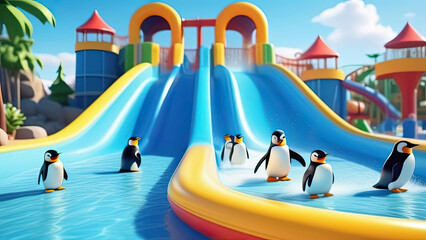 Penguin on water slide in aquapark. Banner for a water park. Generative AI