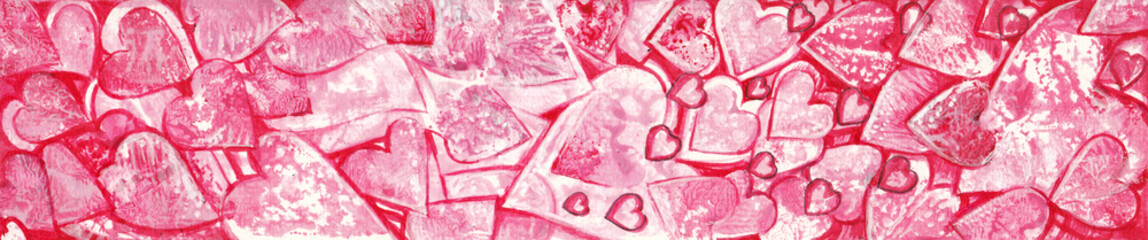 Valentine's day love heart banner background design by hand watercolor painting on paper.