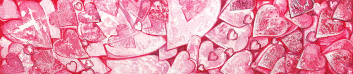 Valentine's day love heart banner background design by hand watercolor painting on paper.