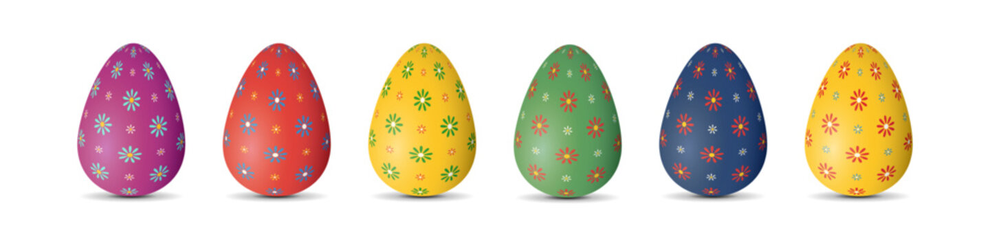 Set of colourful painted Easter eggs decorated with flowers. Vector design, 3D style, isolated, transparent background, illustration.