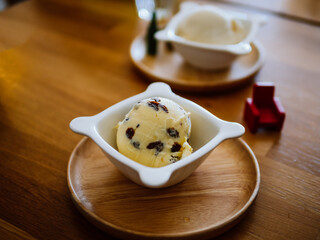 Scoop of Rum raisin ice cream on white bowl