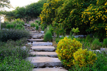 Garden landscape design with pathway surrounded by flower and plants.