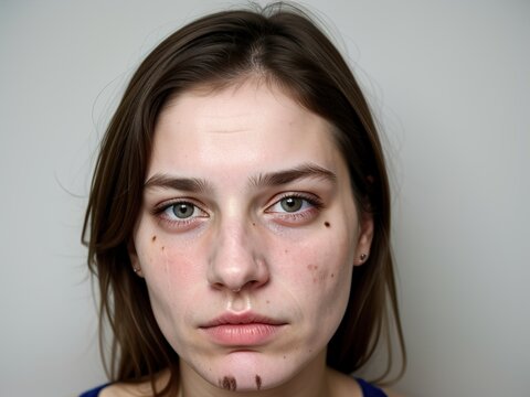 Close-up of the face of a drug addict woman with bruises and abrasions on a white background, a terrible ugly drug addict woman, problematic skin. Drug addiction.