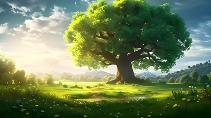 Fotobehang Big green tree with beautiful branches in the park. Green grass field near lake and watercycle. Lawn in garden on summer with sunlight. Sunshine to big tree on green grass land. Nature landscape.  © Ziyan Yang