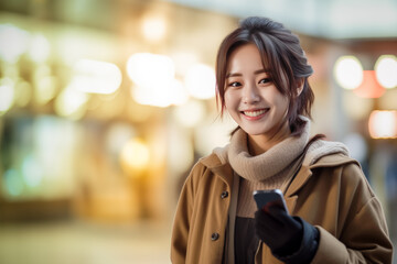 Smiling Woman Holding Smartphone on a Winter Night