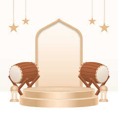 3D product display gold podium themed islamic with lantern, traditional bedug drum and star for ramadan and Eid Mubarak. Template for social media feed or post.