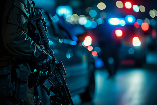 Task force with rifle in the street