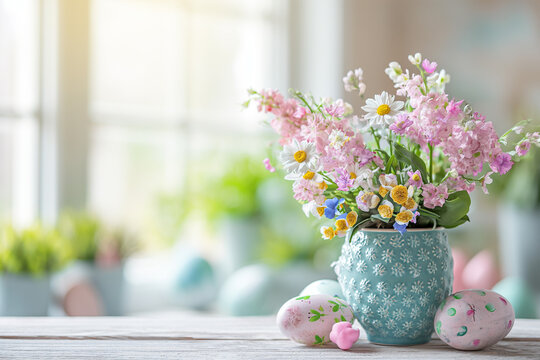 Vase with beautiful tulip flowers and painted Easter eggs