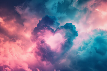 Fantasy heart shaped clouds. Beautiful love background with copy space. Valentine's Day concept. - obrazy, fototapety, plakaty