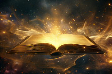 Golden book on galaxy background, golden rays around the book, glow, lines, sparks, with empty space for text