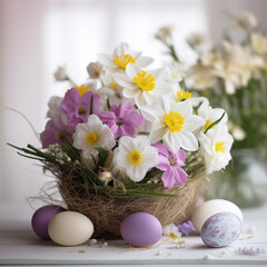 Vase with beautiful tulip flowers and painted Easter eggs