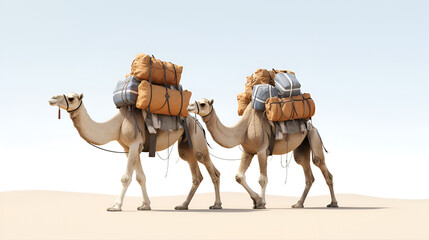 camel caravan in the sahara desert, Arabian camel isolated on white background, Closeup side view of isolated couple two one-humped dromedary camels on desert sand dune edge, Generative Ai