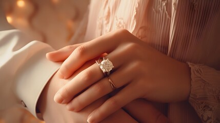 Close-up of a man giving an engagement ring to his girlfriend. Marriage concept - obrazy, fototapety, plakaty