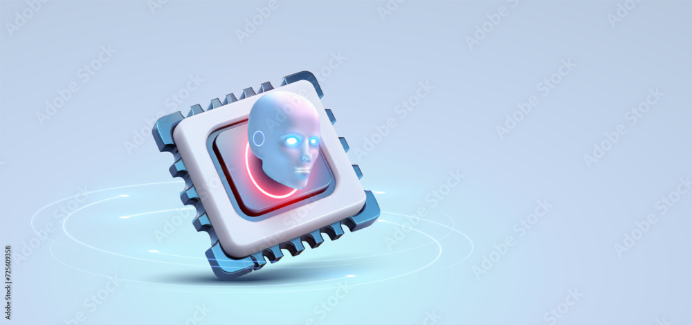 Leinwandbilder An advanced AI microchip with a glowing human face hologram, symbolizing cutting-edge artificial intelligence technology. Futuristic AI Chip with Human Face Representation Blue Background. Neuralink.