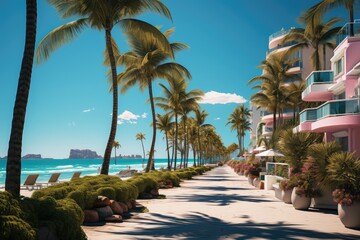 Fototapeta na wymiar Miami South Beach Ocean Drive palms and beachfront colorful view