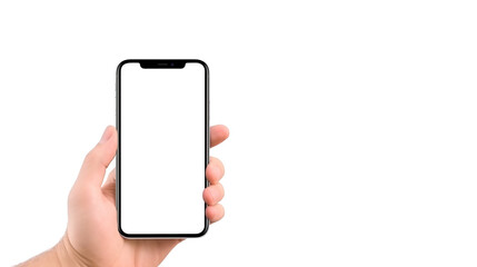 View fornt a hand holding smart phone with blank screen, isolated on transparent background. mock up smartphone.	