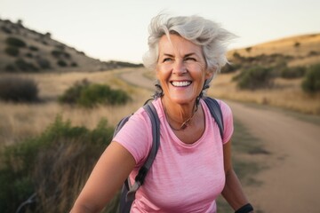 Happy senior woman hiking in a field with a backpack and enjoying the view