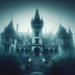 An abandoned castle in woods in a foggy light resembling horror movies and Gothic feeling