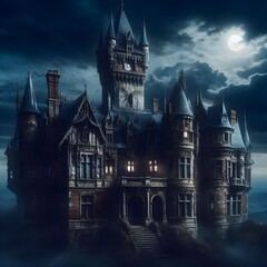 A haunted castle in a nigh sky resembling horror movies and abandonment