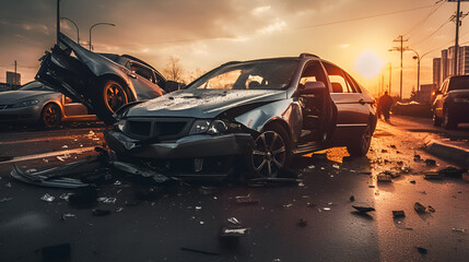Accident car, Insurance, burned car in street, car accident on road, gray color car, car accident on white background, ai generated - obrazy, fototapety, plakaty