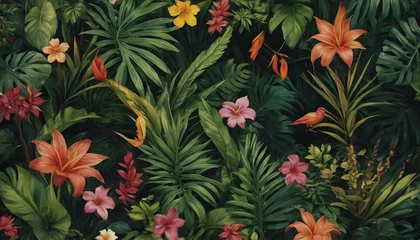 Fototapete illustration of Vivid Tropical Flowers and Lush Green Foliage in a Dense Botanical Garden Setting backdrop © PLATİNUM