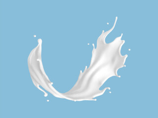Obraz na płótnie Canvas Milk splash isolated on blue background. Natural dairy product, yogurt or cream splash with flying drops. Realistic Vector illustration