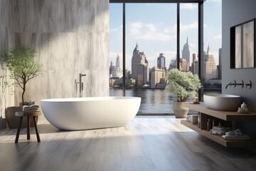 modern bathroom in white interior with panoramic window