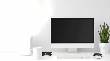 A minimalistic white home office with a golden computer and a cup of coffee, creating a serene and focused work environment
