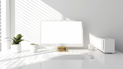 A minimalistic white home office with a golden computer and a cup of coffee, creating a serene and focused work environment