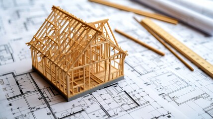 Wooden frame house model under construction on blueprints   building project progress.