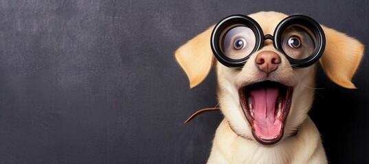 Adorable intellectual dog wearing oversized black glasses on grey background with copy space