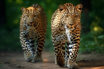 Fototapeta premium Two beautiful big leopards. Dangerous and carnivores hunters with striped appearance. Generate AI