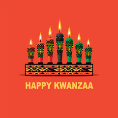 A vibrant depiction of the lighting of the Kinara, with each candle representing one of the Seven Principles Nguzo Saba of Kwanzaa,Happy Kwanzaa celebration banner with kinara and seven candles. 