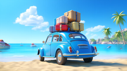 Blue car with luggage ready for summer holidays 3D Rendering, Blue car with luggage and beach accessories on blue background, Auto vacanze con valigie e bagagli, mare, Generative AI - obrazy, fototapety, plakaty