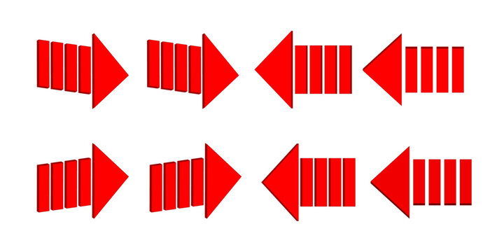 red arrows sign three-dimensional or 3d shape isolated on white background with left and right arrow. 
