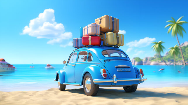 Blue car with luggage ready for summer holidays 3D Rendering, Blue car with luggage and beach accessories on blue background, Auto vacanze con valigie e bagagli, mare, Generative AI