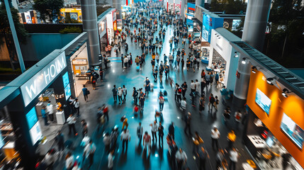 A bustling IT business convention unfolds in a vibrant image, with exhibitors showcasing cutting-edge technologies.