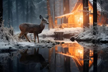 Gordijnen Deer in the winter forest at sunset, panoramic view © Michelle